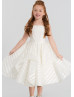 Ivory Striped Organza Tea Length Flower Girl Dress